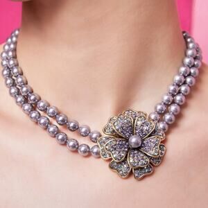 Heidi Daus Passionate Posey Statement Necklace Crystal Flower 2-Strand Gray Bead